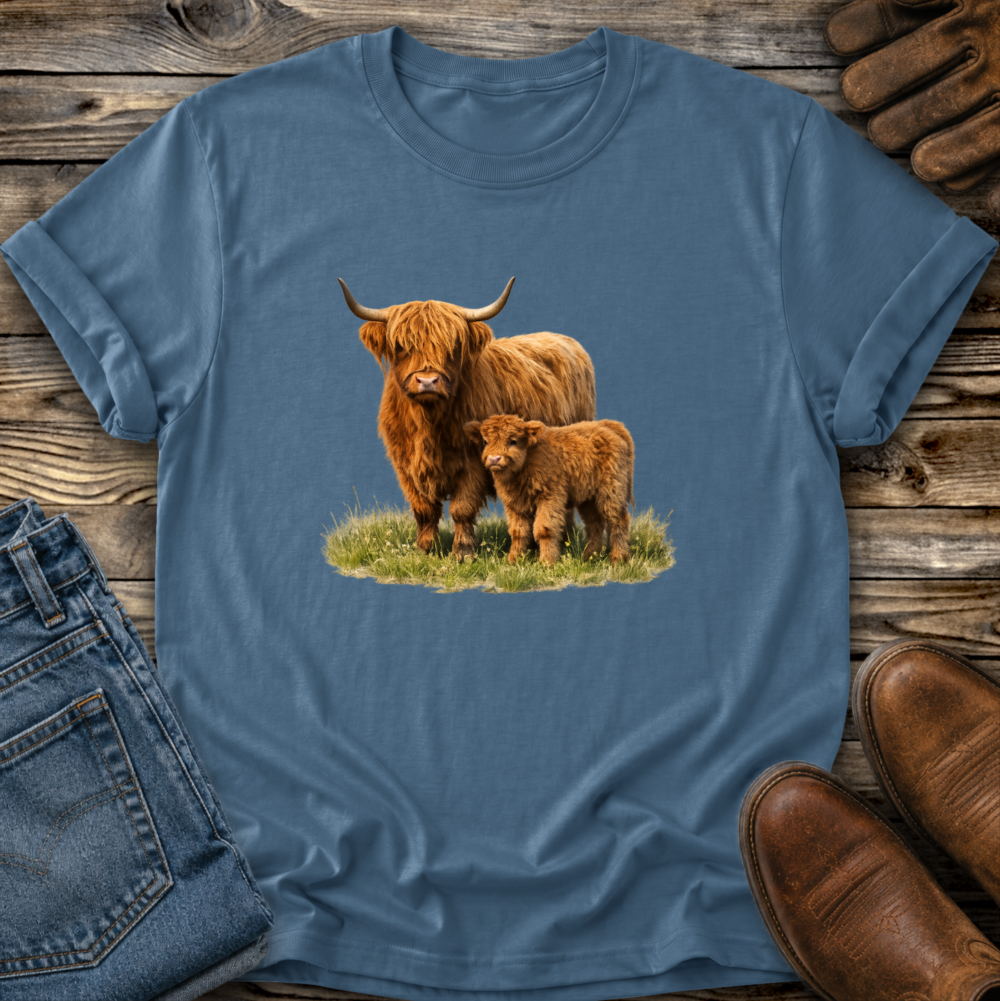blue tshirt with a watercolor scottish highland cow and calf graphic design
