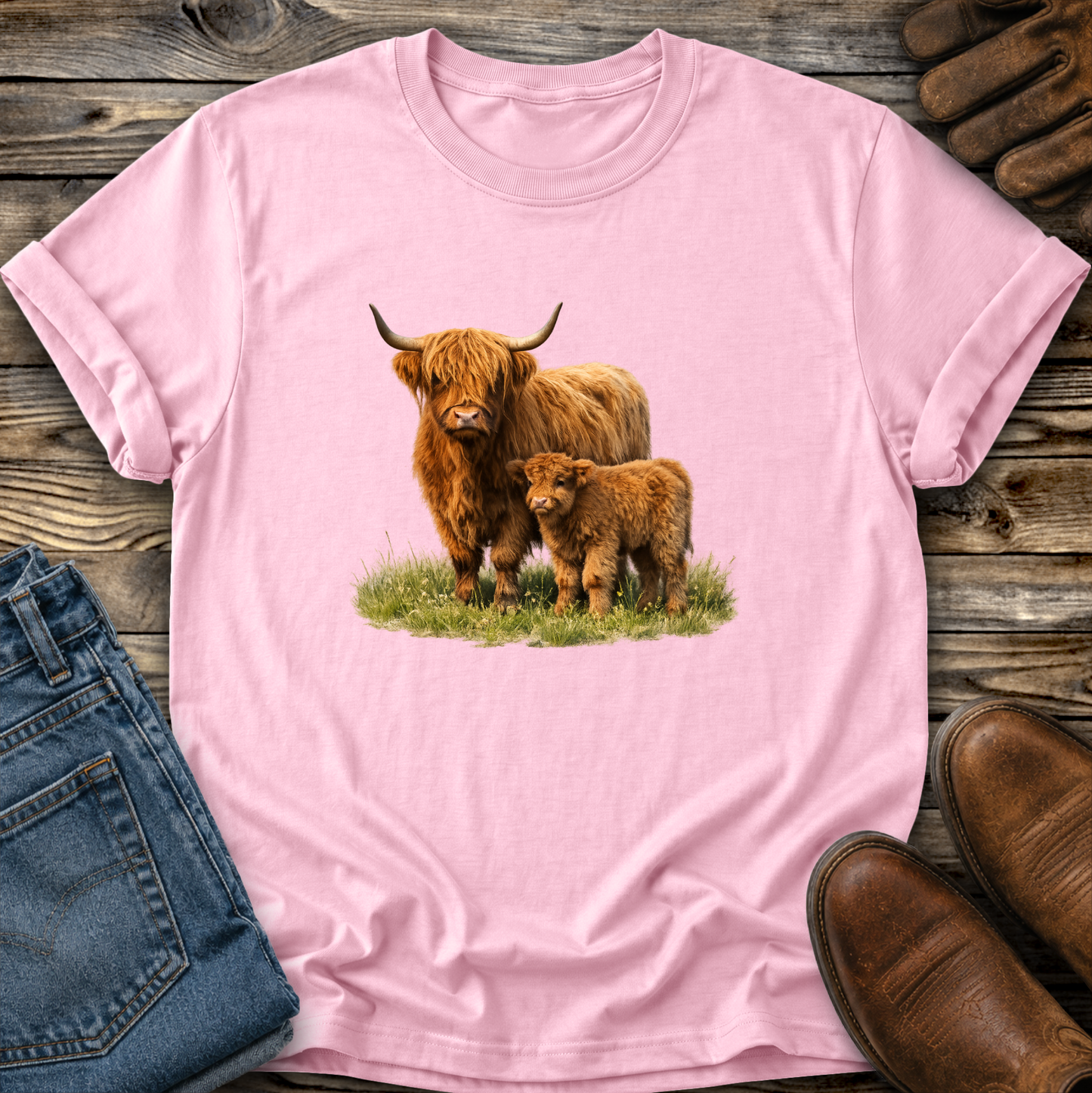 pink tshirt with a watercolor scottish highland cow and calf graphic design