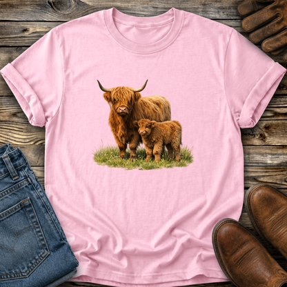 pink tshirt with a watercolor scottish highland cow and calf graphic design