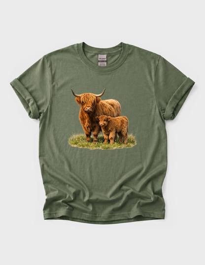 Highland Cow Calf Graphic Tee T-shirt or Sweatshirt ADULT Unisex Hoodie / Crewneck Watercolor Farm Animal Mom With Baby Fluffy Cows