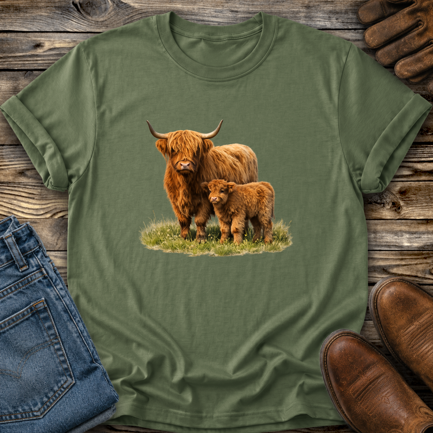 green tshirt with a watercolor scottish highland cow and calf graphic design