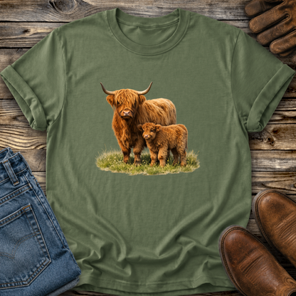 green tshirt with a watercolor scottish highland cow and calf graphic design