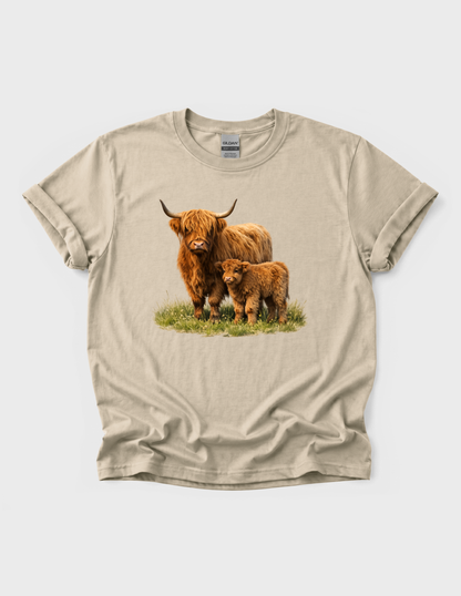 Highland Cow Calf Graphic Tee T-shirt or Sweatshirt ADULT Unisex Hoodie / Crewneck Watercolor Farm Animal Mom With Baby Fluffy Cows