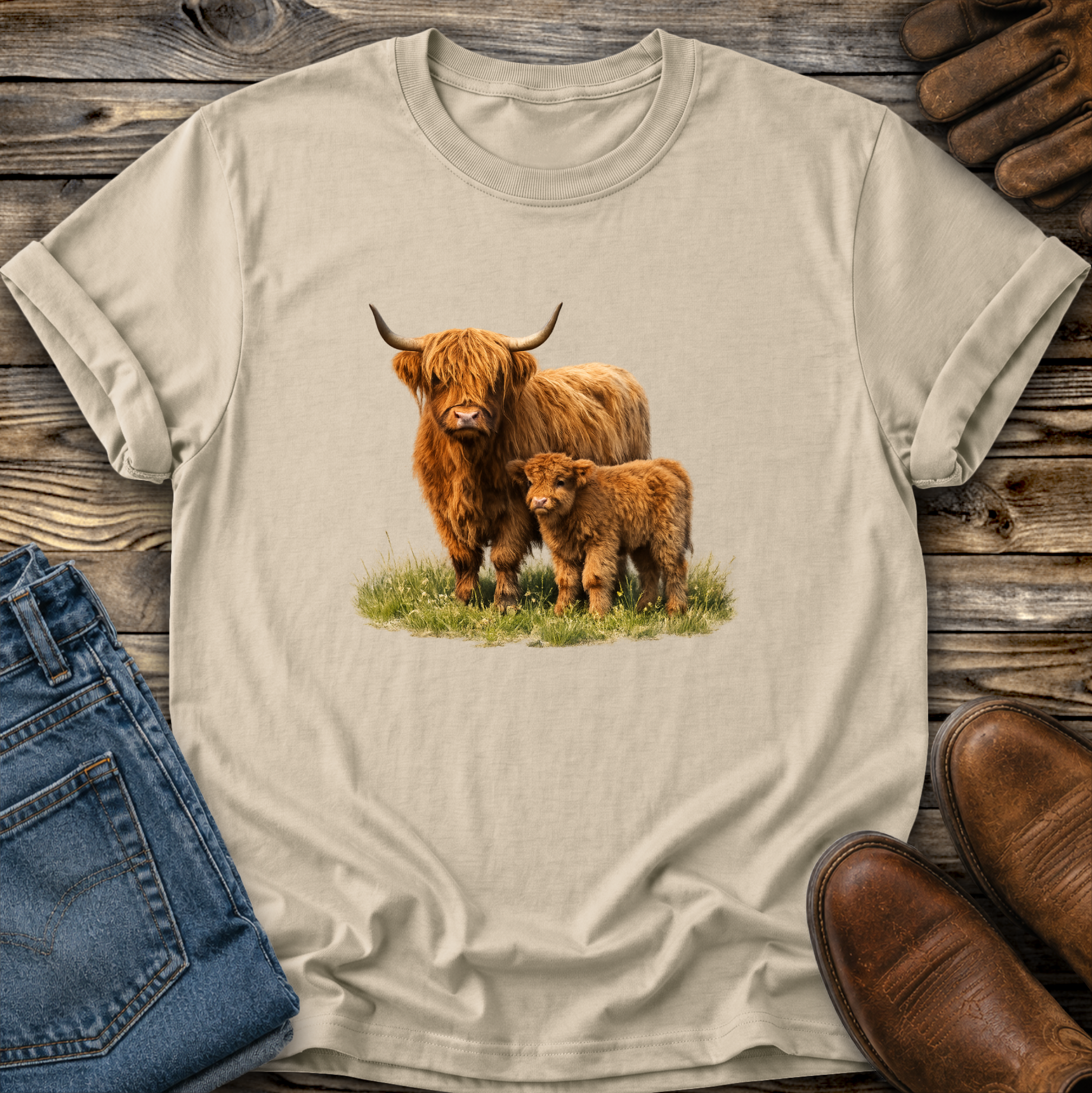 beige tshirt with a watercolor scottish highland cow and calf graphic design