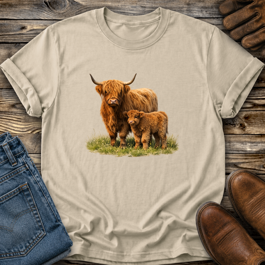 beige tshirt with a watercolor scottish highland cow and calf graphic design