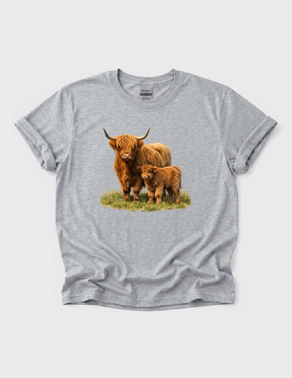 Highland Cow Calf Graphic Tee T-shirt or Sweatshirt ADULT Unisex Hoodie / Crewneck Watercolor Farm Animal Mom With Baby Fluffy Cows