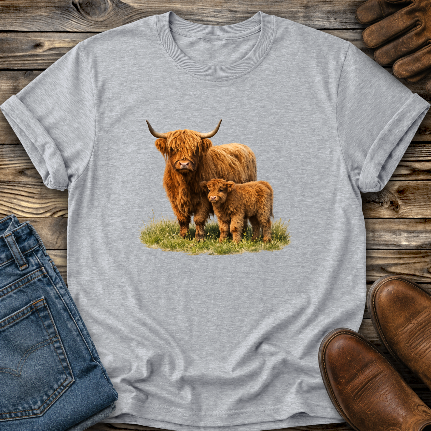 gray tshirt with a watercolor scottish highland cow and calf graphic design