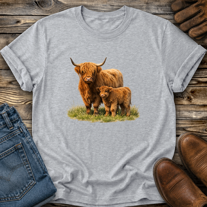 gray tshirt with a watercolor scottish highland cow and calf graphic design