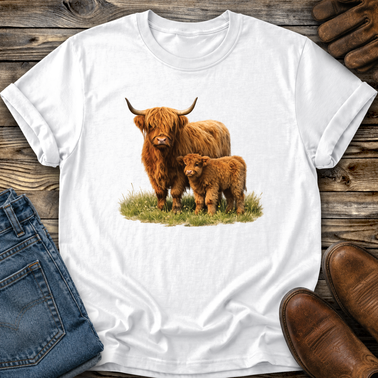 white tshirt with a watercolor scottish highland cow and calf graphic design