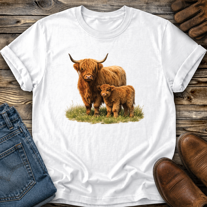 white tshirt with a watercolor scottish highland cow and calf graphic design