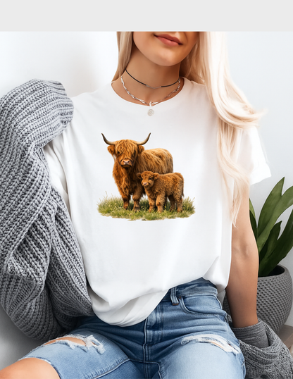 Highland Cow Calf Graphic Tee T-shirt or Sweatshirt ADULT Unisex Hoodie / Crewneck Watercolor Farm Animal Mom With Baby Fluffy Cows