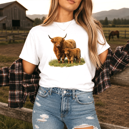 woman wearing a white tshirt with a watercolor scottish highland cow and calf graphic design