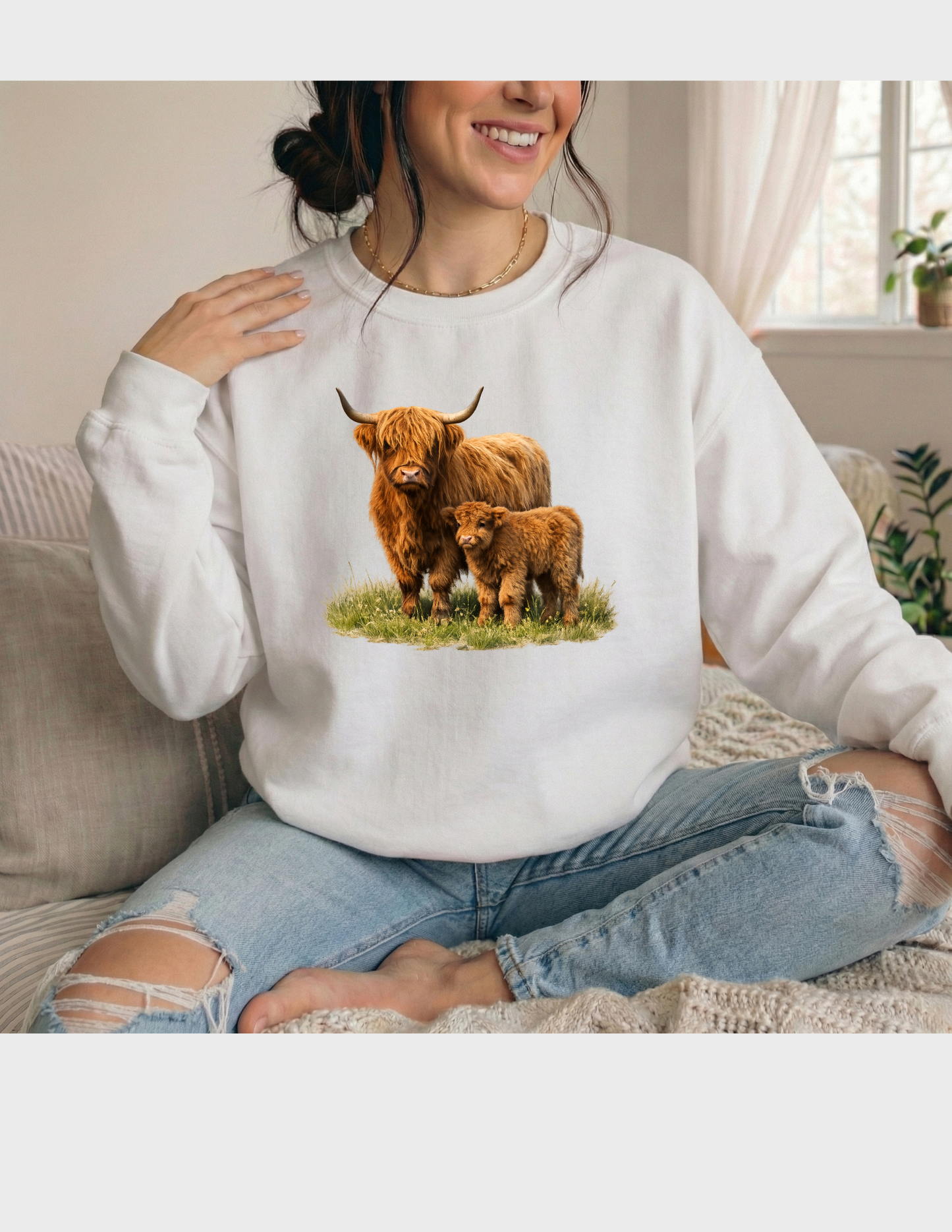 Highland Cow Calf Graphic Tee T-shirt or Sweatshirt ADULT Unisex Hoodie / Crewneck Watercolor Farm Animal Mom With Baby Fluffy Cows
