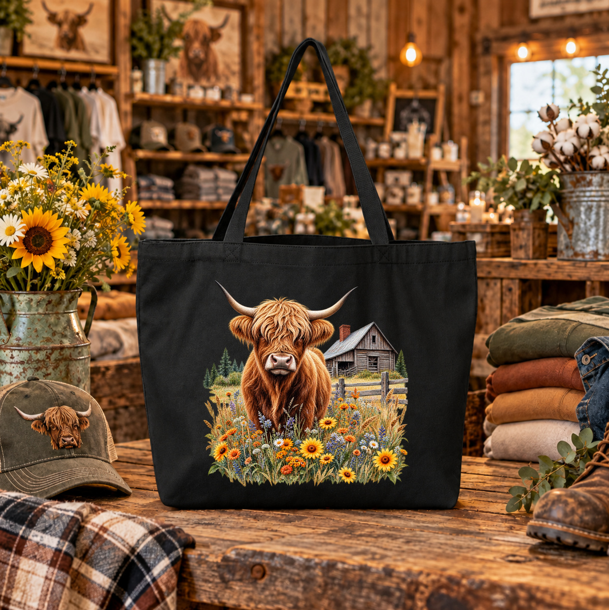 beige canvas tote bag with a graphic of a highland cow in a wildflower meadow with a barn in the background