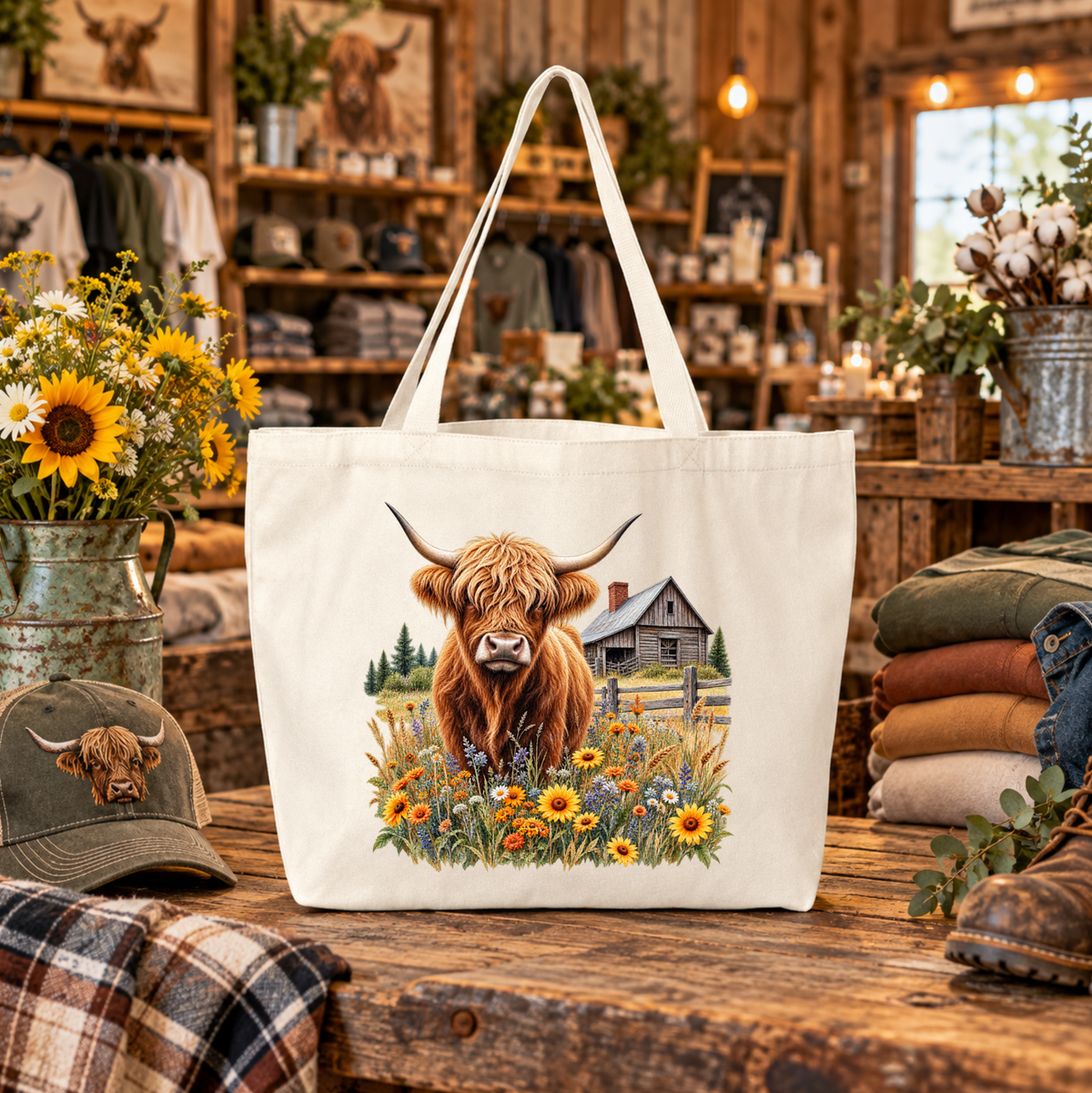 beige canvas tote bag with a graphic of a highland cow in a wildflower meadow with a barn in the background
