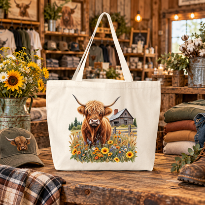 beige canvas tote bag with a graphic of a highland cow in a wildflower meadow with a barn in the background