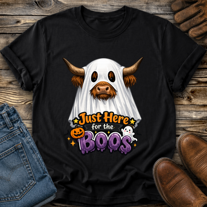 black tshirt with a highland cow wearing a halloween ghost costume and says just here for the boos