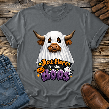 gray tshirt with a highland cow wearing a halloween ghost costume and says just here for the boos