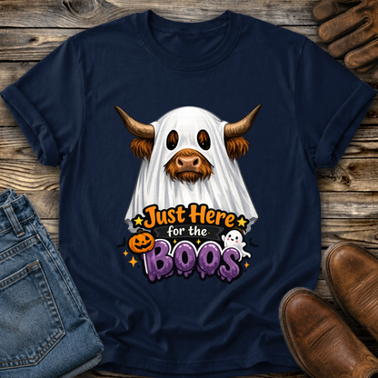 navy tshirt with a highland cow wearing a halloween ghost costume and says just here for the boos