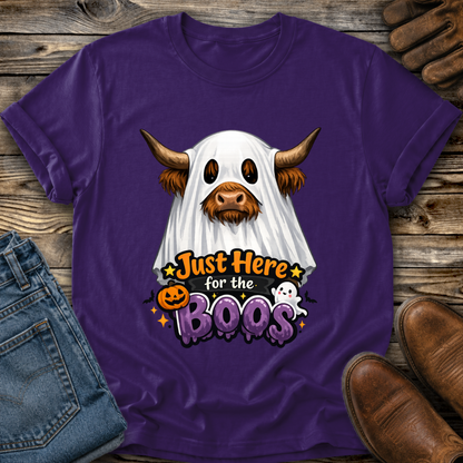 purple tshirt with a highland cow wearing a halloween ghost costume and says just here for the boos