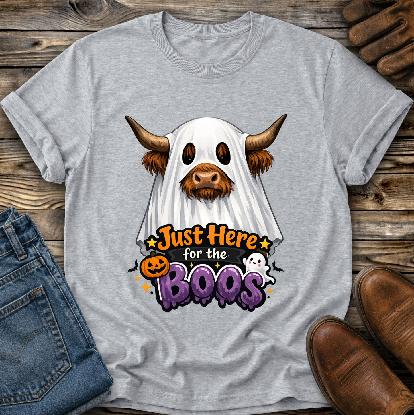 gray tshirt with a highland cow wearing a halloween ghost costume and says just here for the boos