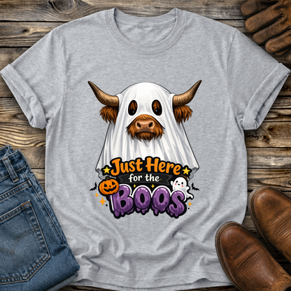 gray tshirt with a highland cow wearing a halloween ghost costume and says just here for the boos