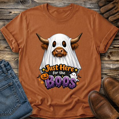 orange tshirt with a highland cow wearing a halloween ghost costume and says just here for the boos