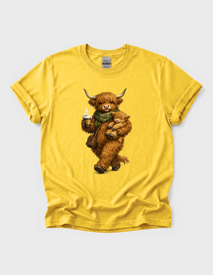 Highland Cow Calf Graphic Tee T-shirt or Sweatshirt ADULT Unisex Hoodie / Crewneck Fluffy Animal Mom & Baby With Coffee Fall Vibes