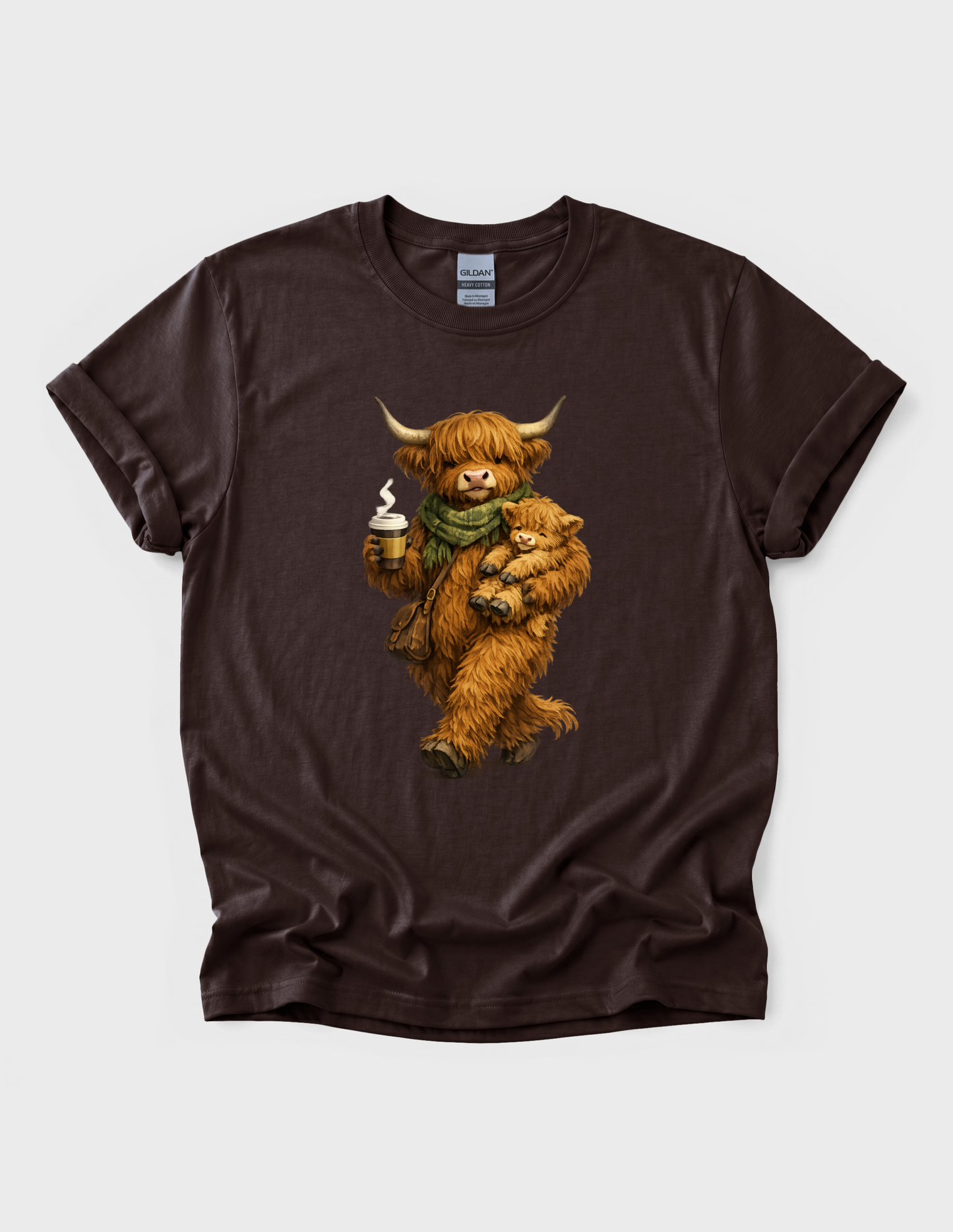 Highland Cow Calf Graphic Tee T-shirt or Sweatshirt ADULT Unisex Hoodie / Crewneck Fluffy Animal Mom & Baby With Coffee Fall Vibes