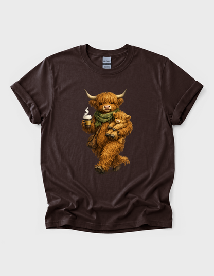 Highland Cow Calf Graphic Tee T-shirt or Sweatshirt ADULT Unisex Hoodie / Crewneck Fluffy Animal Mom & Baby With Coffee Fall Vibes