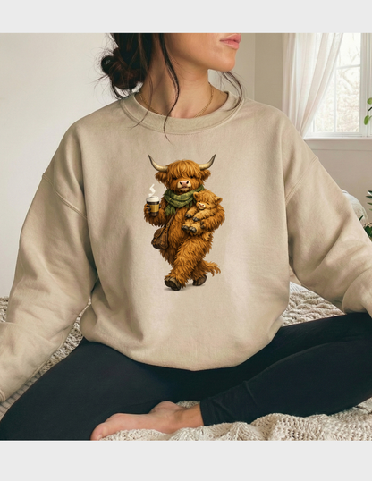 Highland Cow Calf Graphic Tee T-shirt or Sweatshirt ADULT Unisex Hoodie / Crewneck Fluffy Animal Mom & Baby With Coffee Fall Vibes