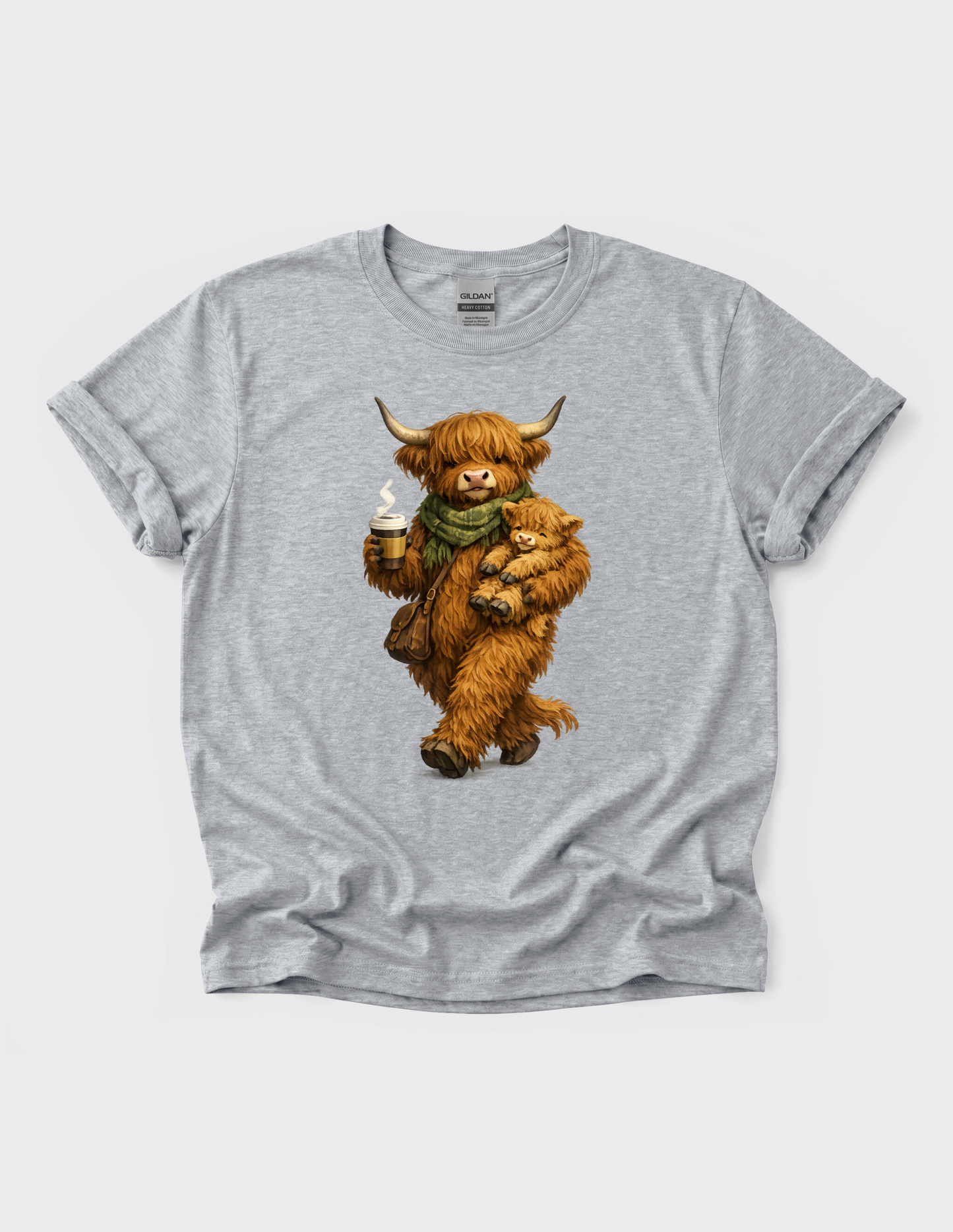 Highland Cow Calf Graphic Tee T-shirt or Sweatshirt ADULT Unisex Hoodie / Crewneck Fluffy Animal Mom & Baby With Coffee Fall Vibes