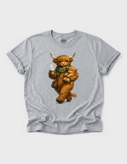 Highland Cow Calf Graphic Tee T-shirt or Sweatshirt ADULT Unisex Hoodie / Crewneck Fluffy Animal Mom & Baby With Coffee Fall Vibes