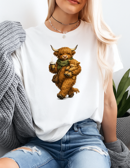 Highland Cow Calf Graphic Tee T-shirt or Sweatshirt ADULT Unisex Hoodie / Crewneck Fluffy Animal Mom & Baby With Coffee Fall Vibes