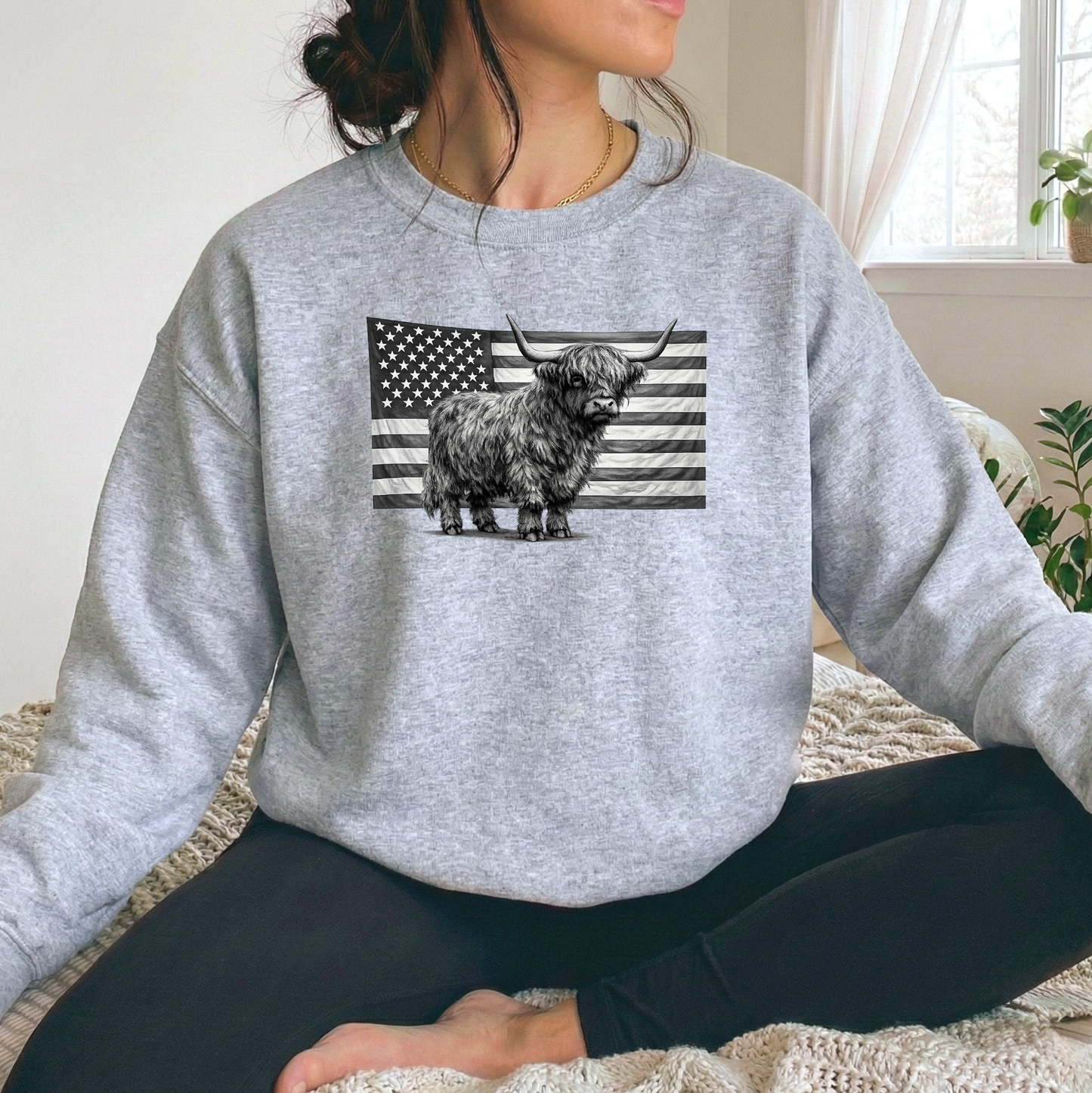 Highland Cow USA Flag Graphic Tee T-shirt or Sweatshirt ADULT Unisex Hoodie / Crewneck Patriotic America Grayscale