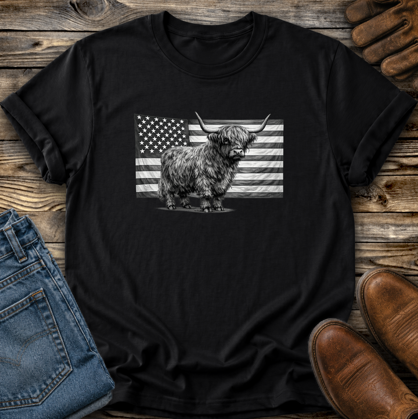 Highland Cow USA Flag Graphic Tee T-shirt or Sweatshirt ADULT Unisex Hoodie / Crewneck Patriotic America Grayscale