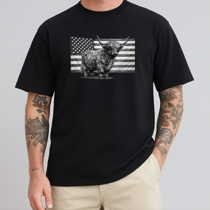 Highland Cow USA Flag Graphic Tee T-shirt or Sweatshirt ADULT Unisex Hoodie / Crewneck Patriotic America Grayscale