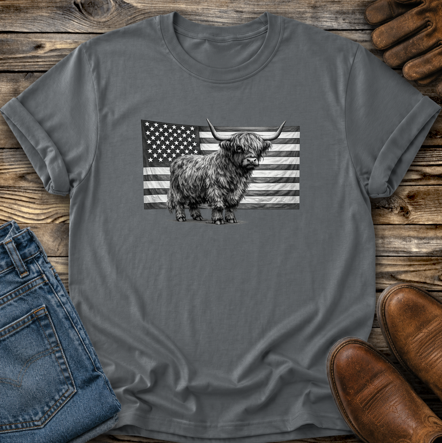 Highland Cow USA Flag Graphic Tee T-shirt or Sweatshirt ADULT Unisex Hoodie / Crewneck Patriotic America Grayscale