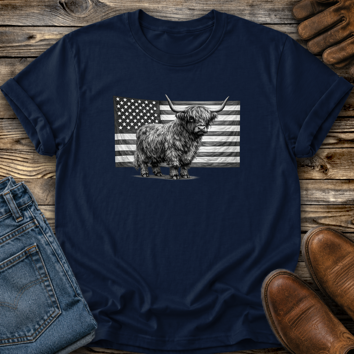 Highland Cow USA Flag Graphic Tee T-shirt or Sweatshirt ADULT Unisex Hoodie / Crewneck Patriotic America Grayscale
