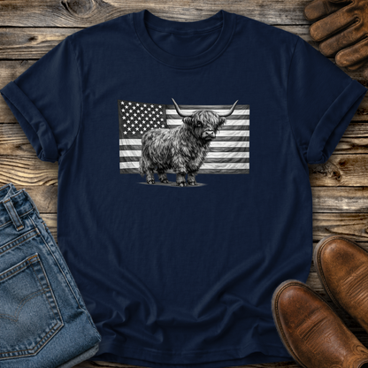 Highland Cow USA Flag Graphic Tee T-shirt or Sweatshirt ADULT Unisex Hoodie / Crewneck Patriotic America Grayscale