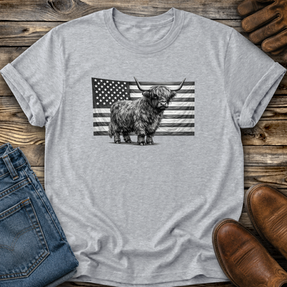Highland Cow USA Flag Graphic Tee T-shirt or Sweatshirt ADULT Unisex Hoodie / Crewneck Patriotic America Grayscale