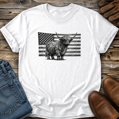 Highland Cow USA Flag Graphic Tee T-shirt or Sweatshirt ADULT Unisex Hoodie / Crewneck Patriotic America Grayscale