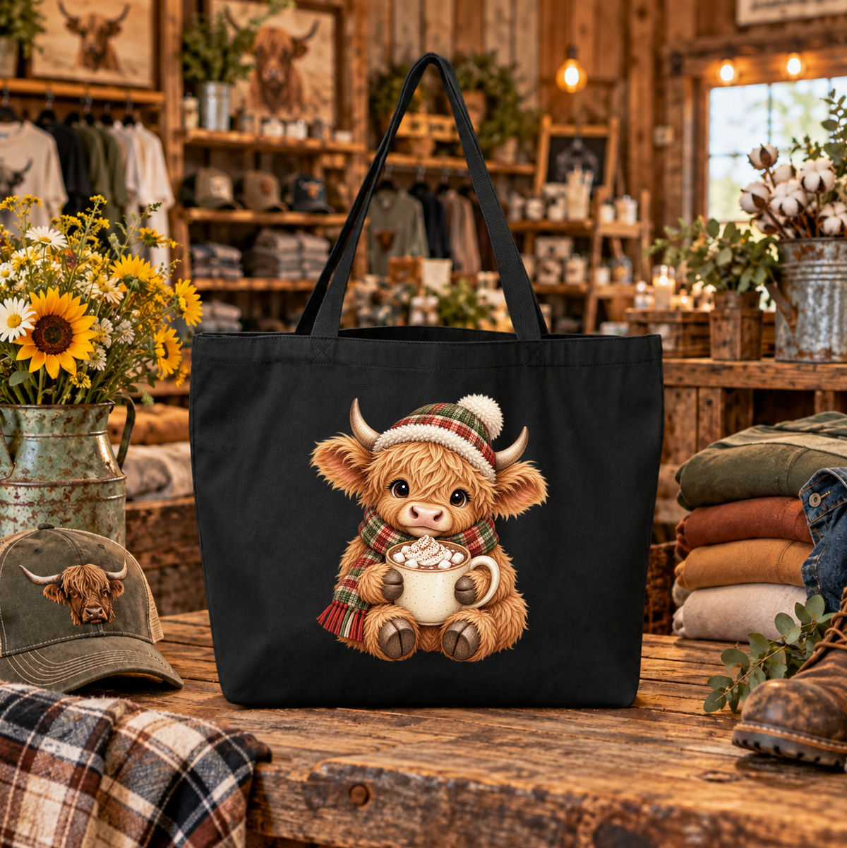 black canvas tote bag with a graphic of a fluffy scottish highland cow calf wearing a plaid hat and scarf hold a cup of hot cocoa
