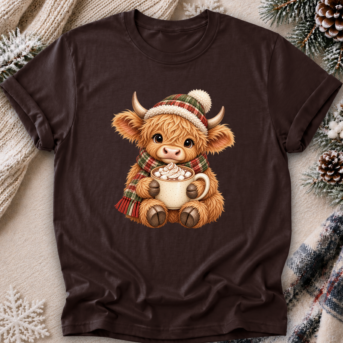 A black short-sleeve crewneck t-shirt featuring a cute cartoon Highland cow illustration wearing a red, green, and white plaid hat and scarf while holding a mug of hot chocolate. The t-shirt is displayed in a flat-lay setting on a cozy beige blanket with knitted sweaters, pinecones, and evergreen branches.