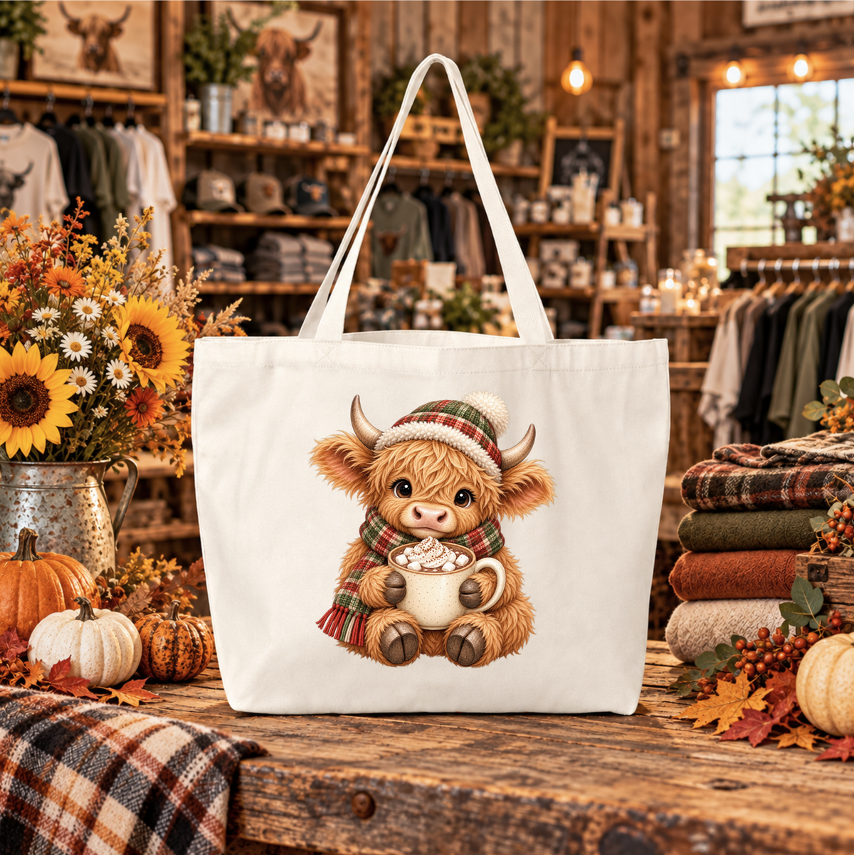 beige canvas tote bag with a graphic of a fluffy scottish highland cow calf wearing a plaid hat and scarf hold a cup of hot cocoa