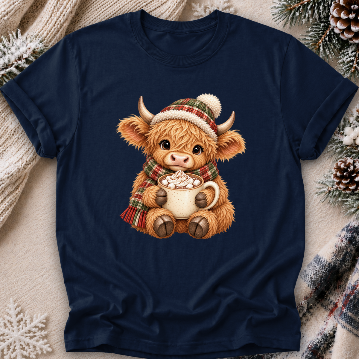 A navy blue short-sleeve t-shirt with a central graphic of a cute Highland cow wearing a red and green plaid hat and scarf, holding a mug of hot cocoa. The t-shirt is displayed in a flat-lay setting with a cozy knit blanket, pinecones, and snowflakes.