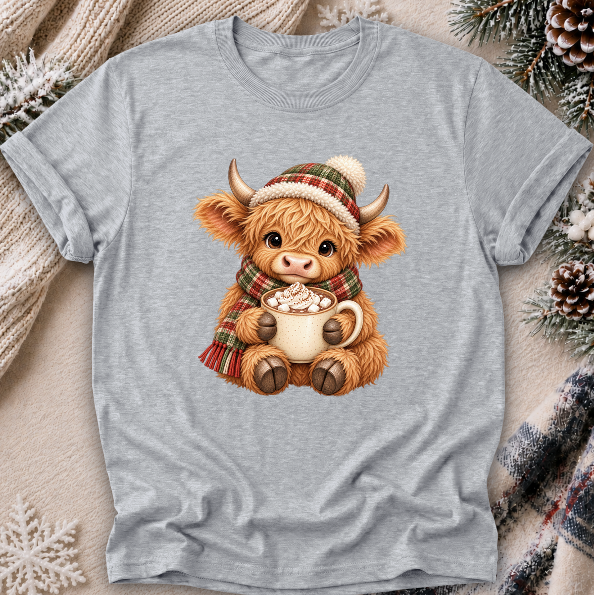 A light heather gray short-sleeve t-shirt featuring a cute graphic of a fluffy brown Scottish highland cow wearing a red and green plaid knit hat and matching scarf, holding a mug of hot cocoa with marshmallows. The t-shirt is styled in a cozy flat-lay setting with a cream knit sweater, pinecones, and a plaid scarf.