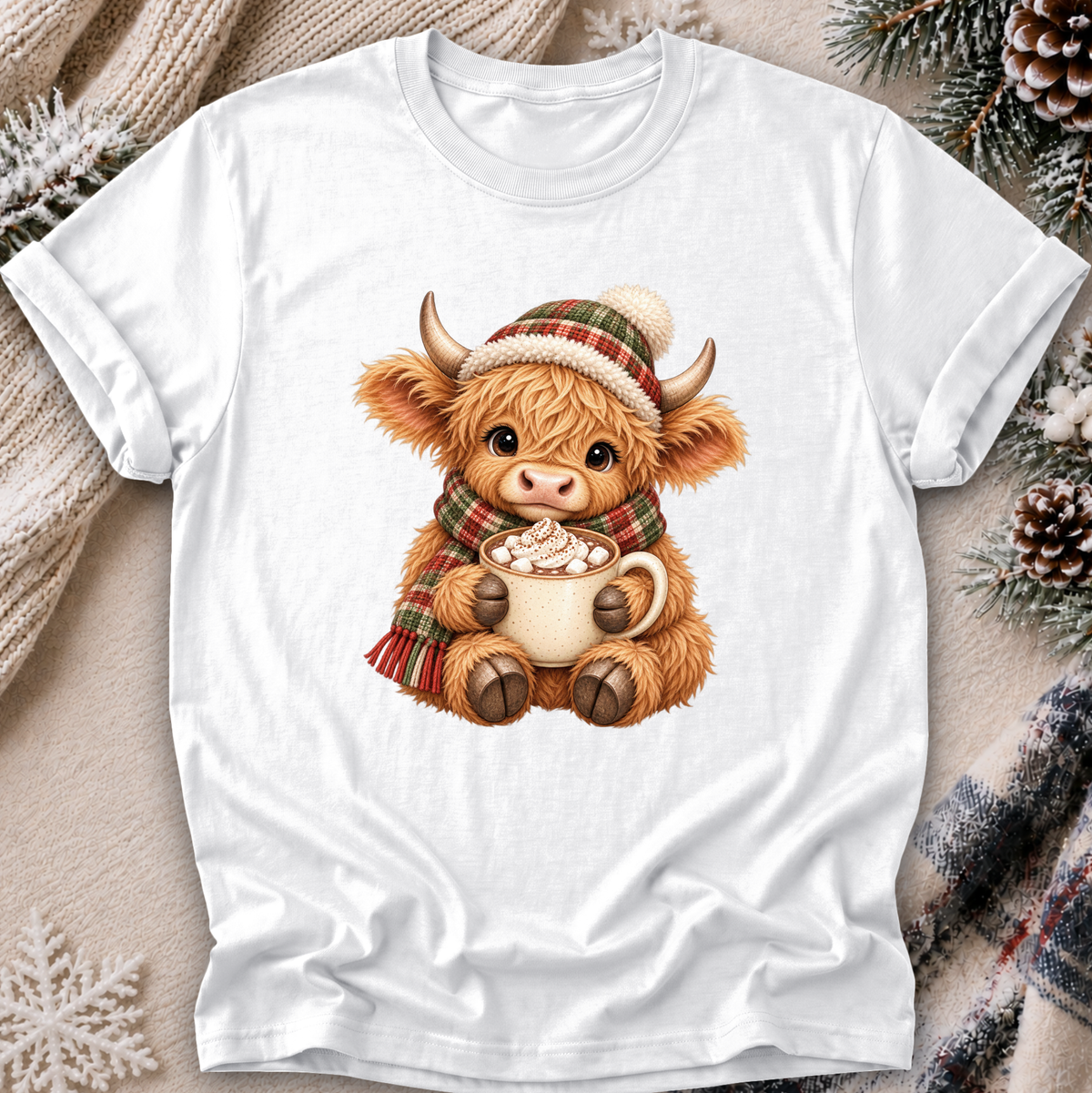 A white short-sleeve crewneck t-shirt featuring a cute cartoon Highland cow illustration wearing a red and green plaid knit hat and matching scarf, holding a mug of hot chocolate with marshmallows. The t-shirt is presented in a flat-lay setting with cozy holiday props like pinecones, a knit blanket, and a plaid scarf.