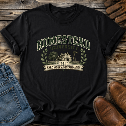 black tshirt with a farm graphic that says homestead university