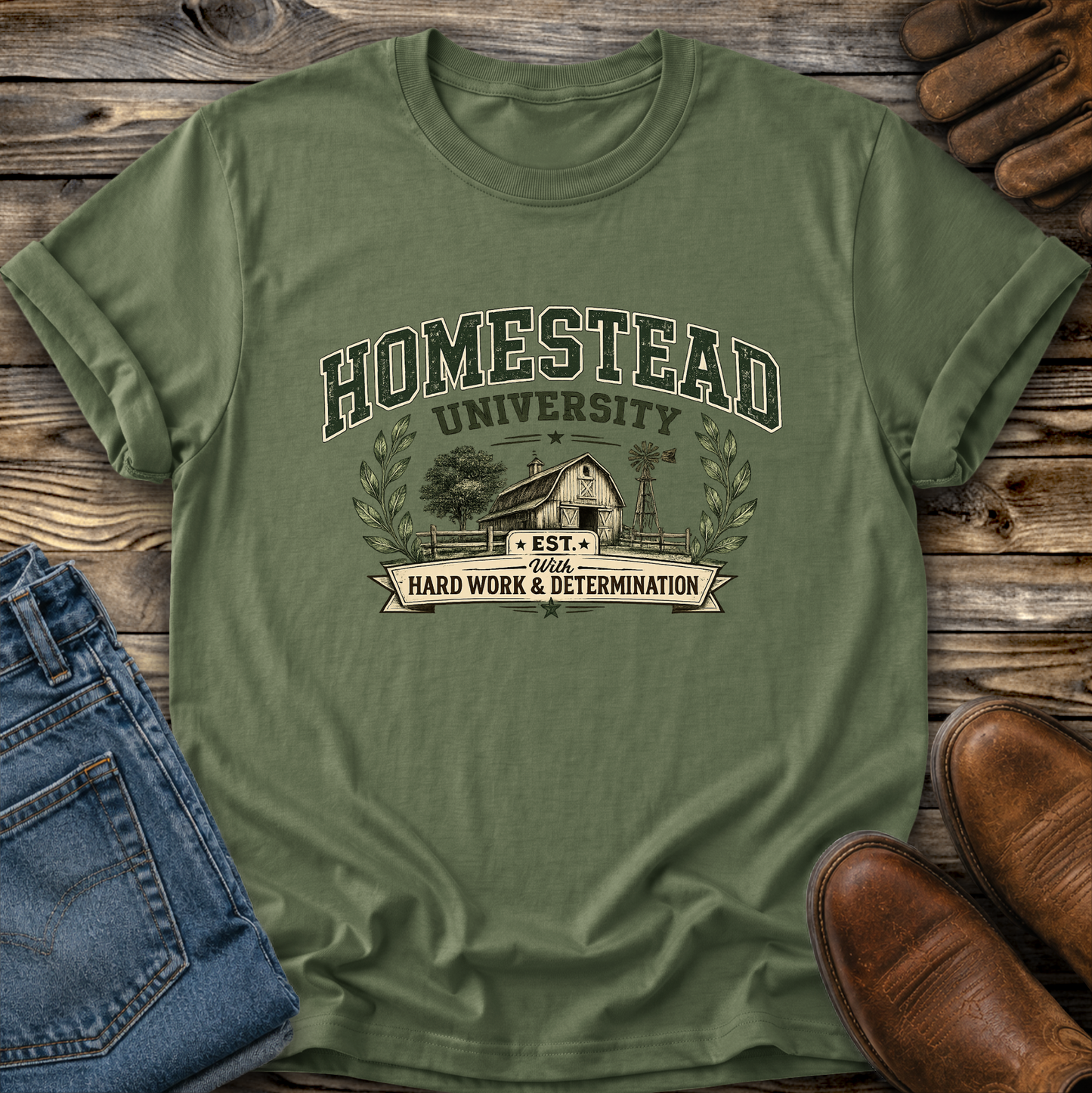 green tshirt with a farm graphic that says homestead university